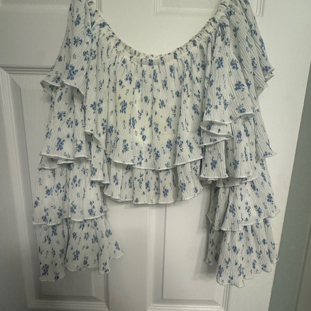Off shoulder, blue & white top, size medium